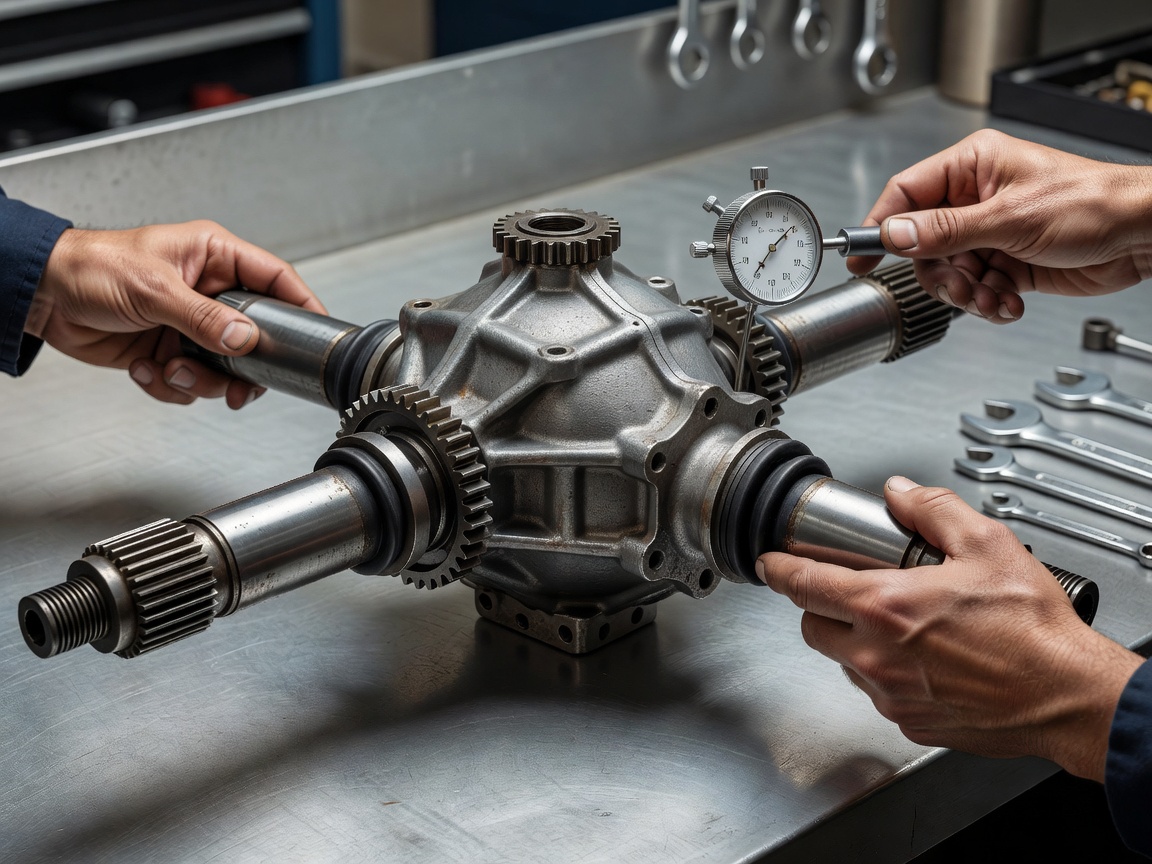 Classic rally differential and half-shaft assemblies being inspected on a clean workshop workbench
