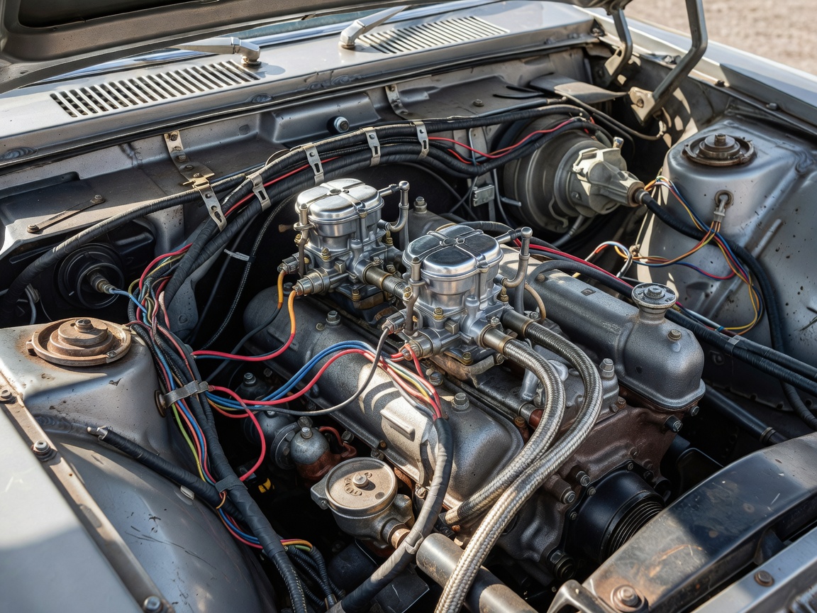 Detailed engine bay view of a vintage rally coupe showing dual carburettors and custom wiring harness