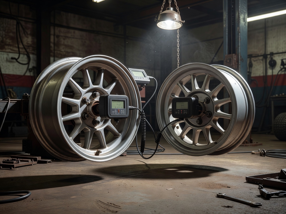 Digital wheel alignment gauges mounted to period alloy rally wheels inside workshop bay
