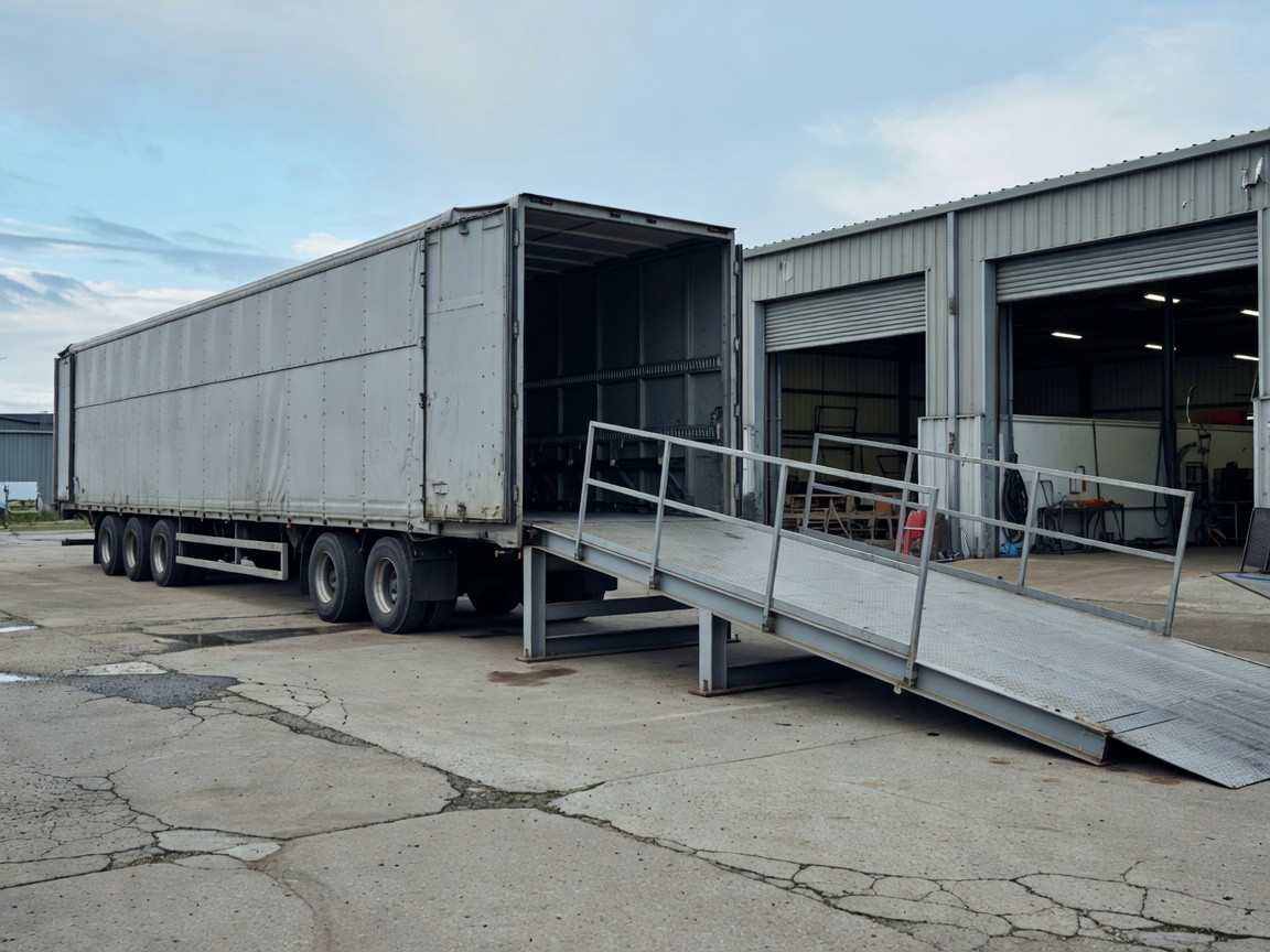 Enclosed covered vehicle transporter trailer parked beside a workshop staging ramp ready for loading
