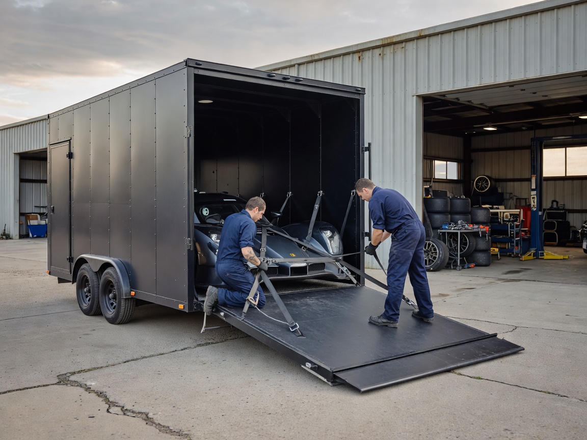 Enclosed transport rig parked outside motorsport workshop during vehicle tie-down procedure
