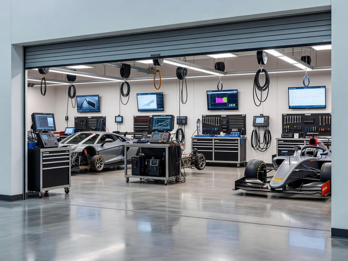 Entrance to clean, organized motorsport workshop with diagnostic bays visible inside