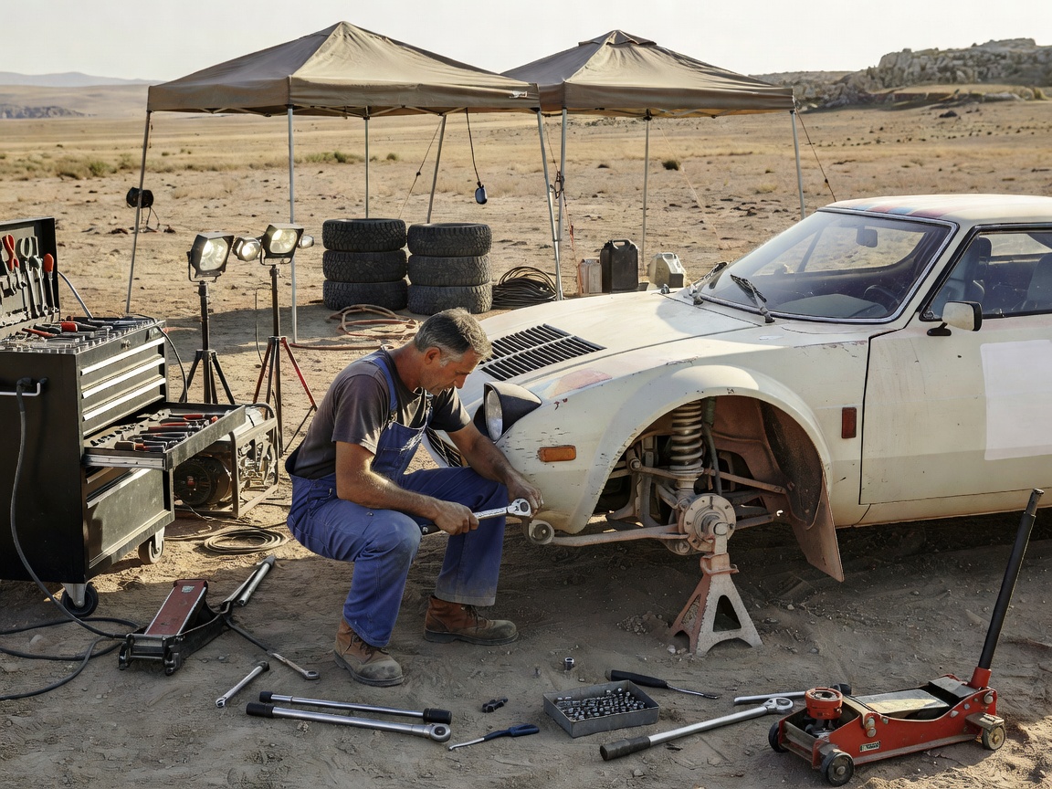 Field service area setup showing mechanic conducting between-leg torque checks on classic rally coupe