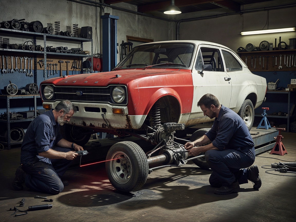 Historic rally vehicle undergoing precision steering and front axle alignment inspection in a specialist workshop bay