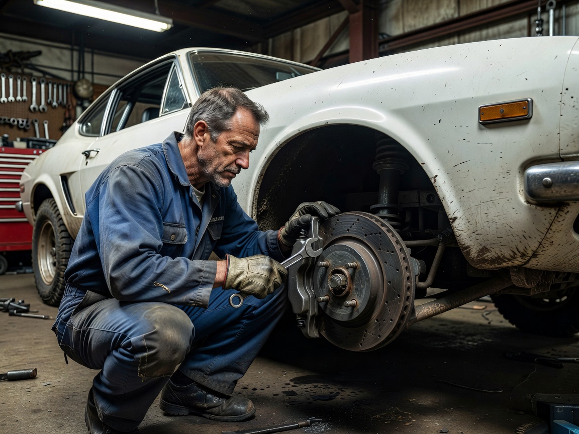 Mechanic inspecting vintage brake caliper assembly on a rally prepared sports coupe