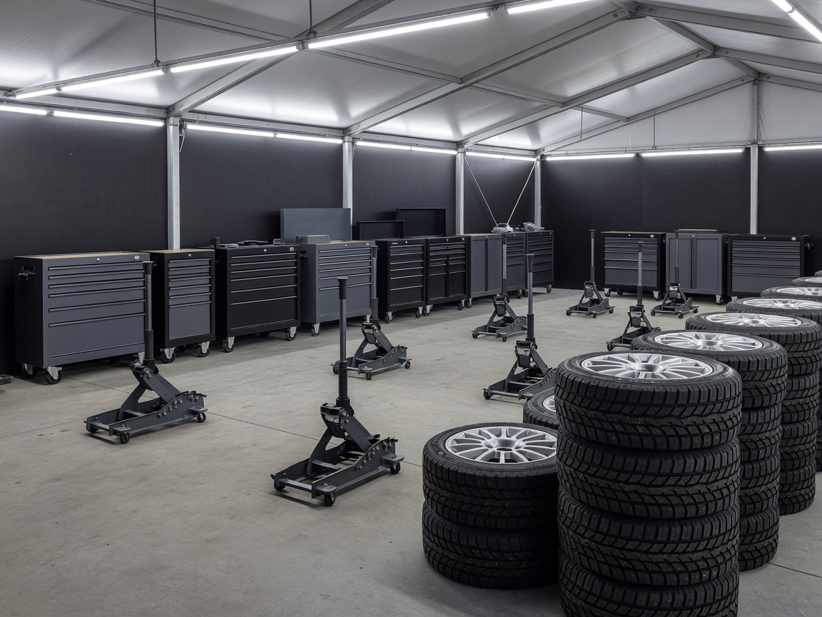 Paddock service tent organized with tool chests, quick-lift jacks, and fresh spare tires ready for stage returns