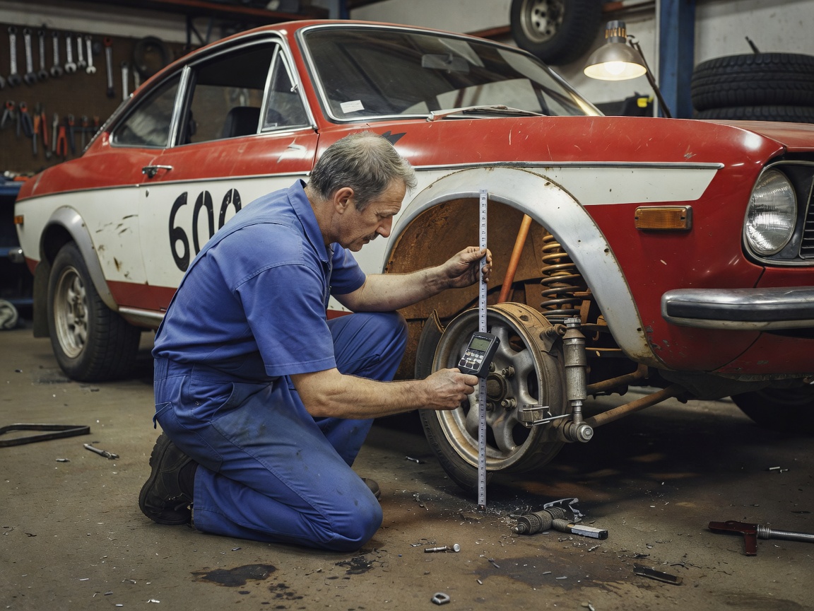 Specialist measuring suspension ride height and camber angles on historic rally coupe