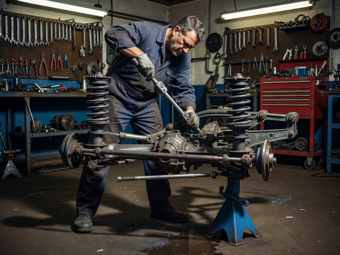 Specialist technician torquing down vintage multi-link rear suspension assembly on an axle stand